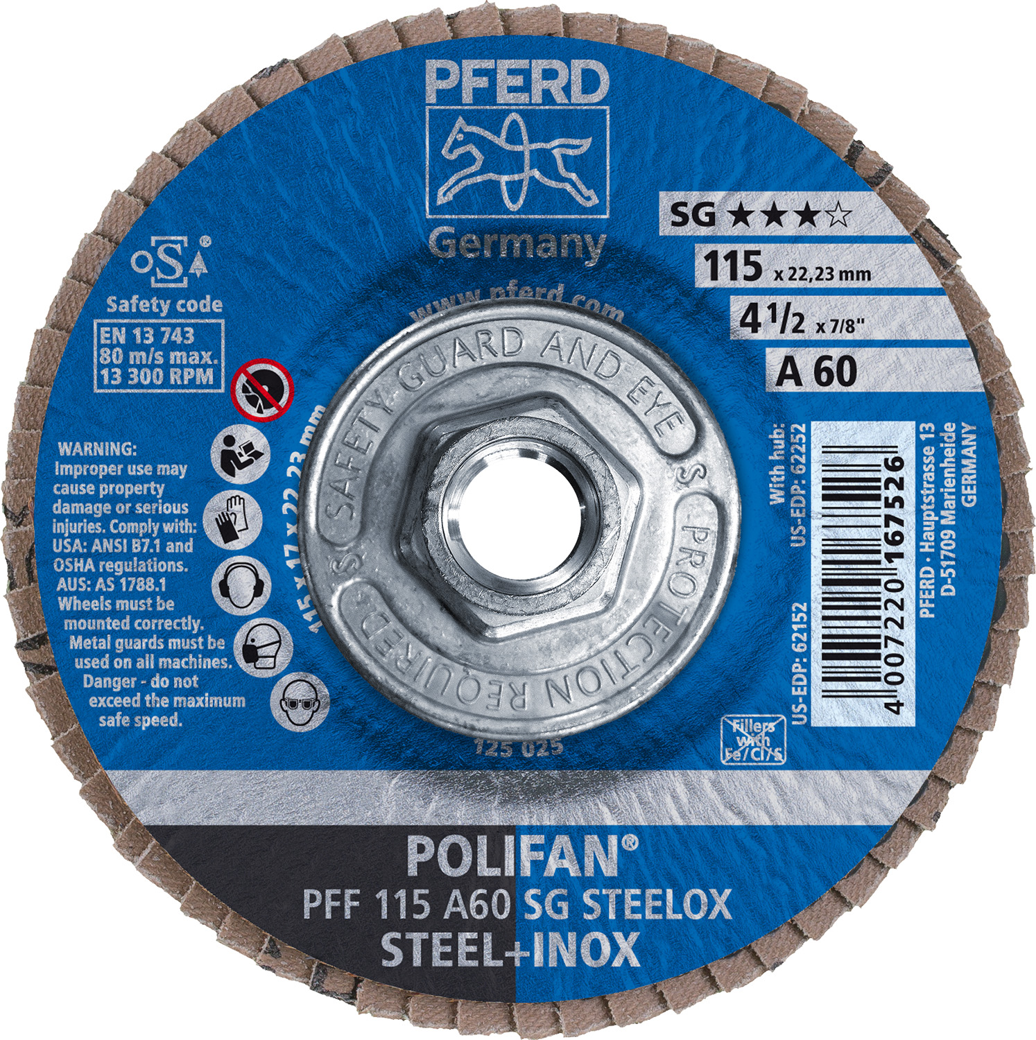 4-1/2" x 5/8-11 Thd. POLIFAN® Flap Disc, A SG STEELOX, Aluminum Oxide, 60 Grit, Flat